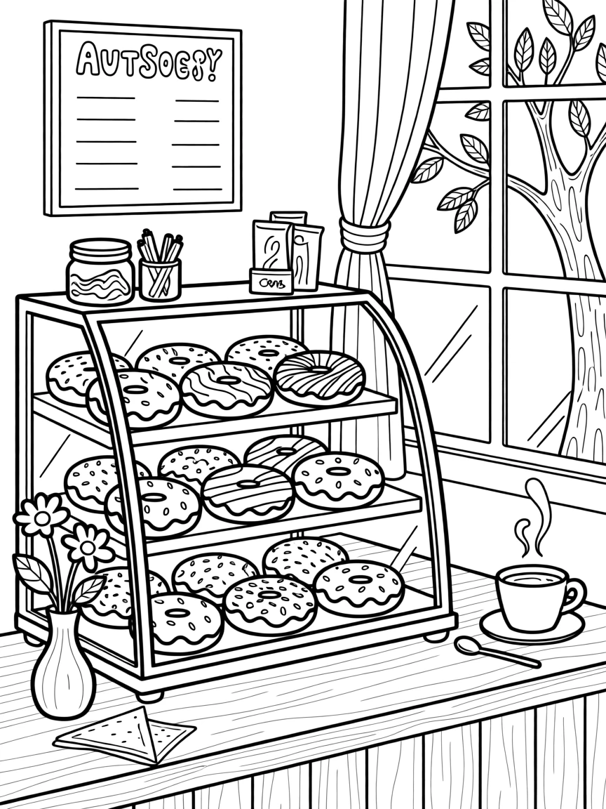 A donut display case filled with glazed and sprinkled varieties, with soft natural light streaming in from a nearby window.