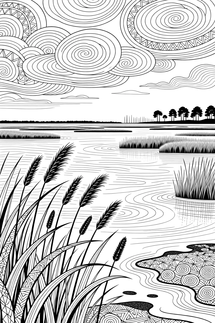 A salt marsh at golden hour with grasses bending in the breeze.