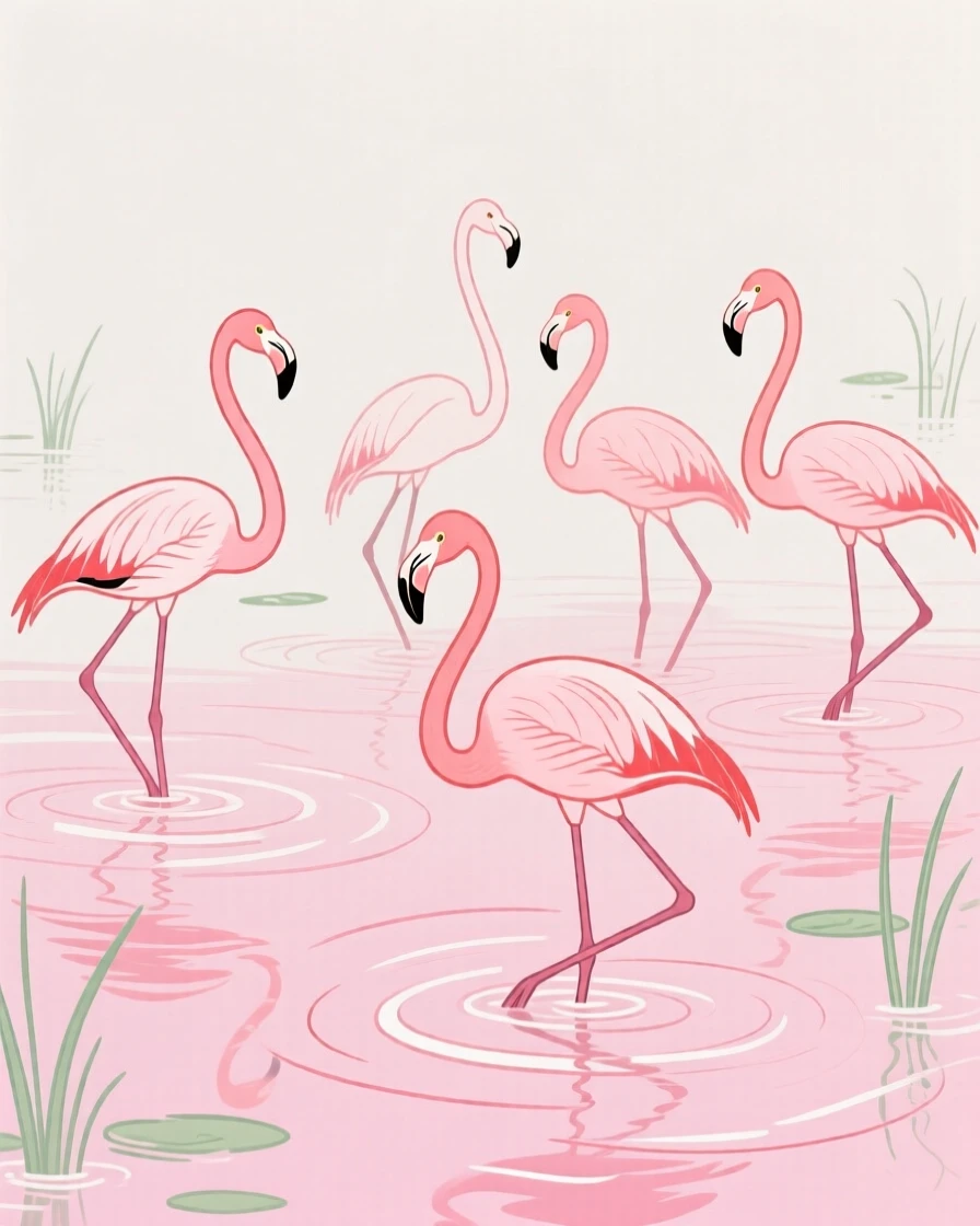 A flock of flamingos wading in shallow pink water.