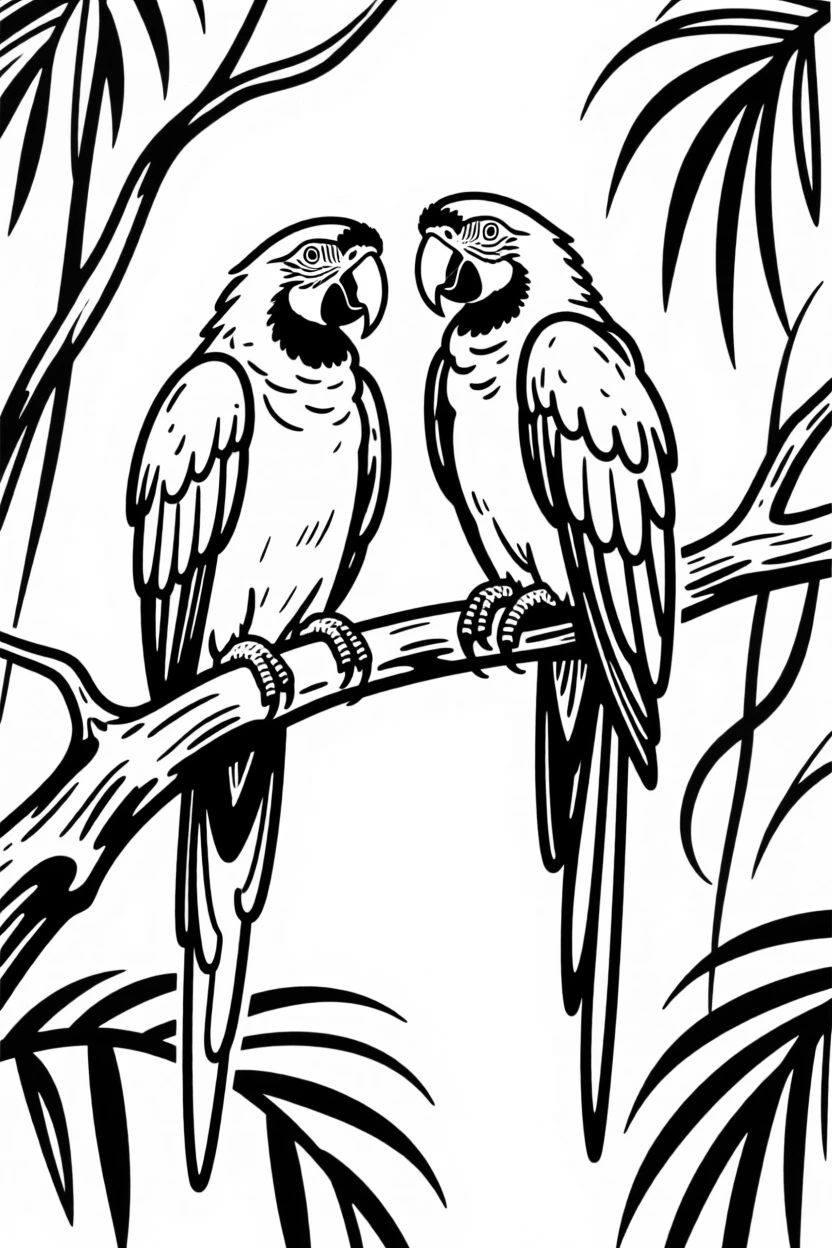 A pair of macaws perched on a rainforest branch, feathers vividly displayed.