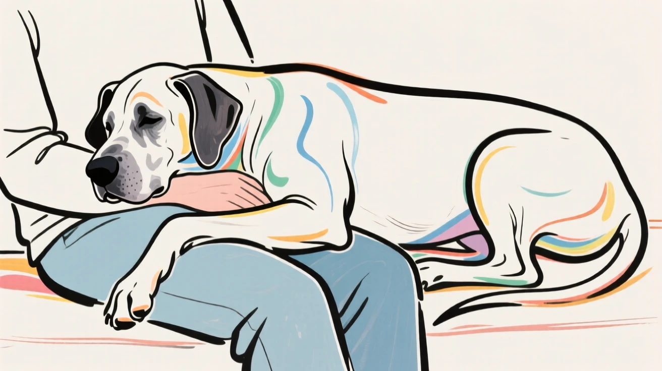 A Great Dane resting its head on its owner's lap.