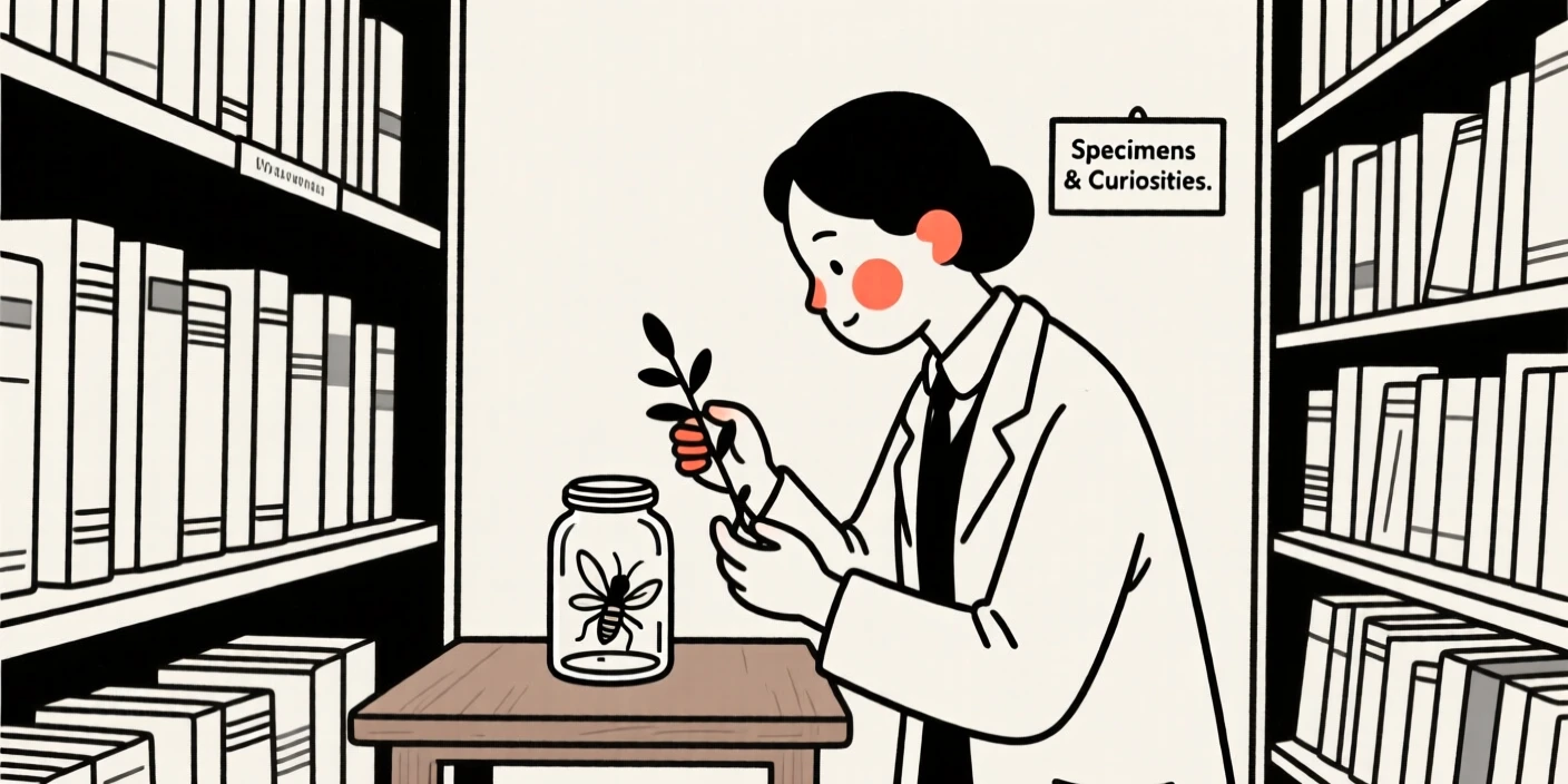 A scientist examining a specimen, looking serene and at peace, inside a vintage bookstore.