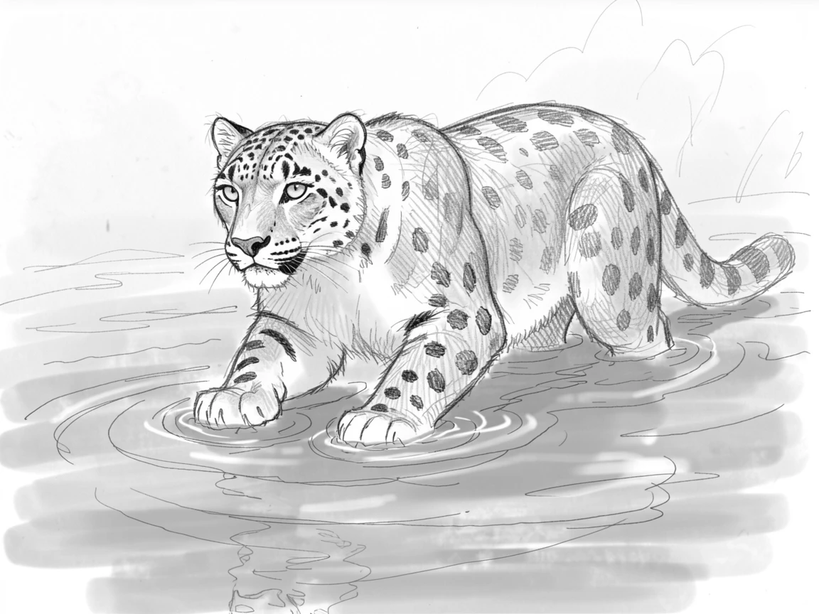 A heartwarming scene of a majestic snow leopard paddling through calm turquoise water, framed by soft morning mist.