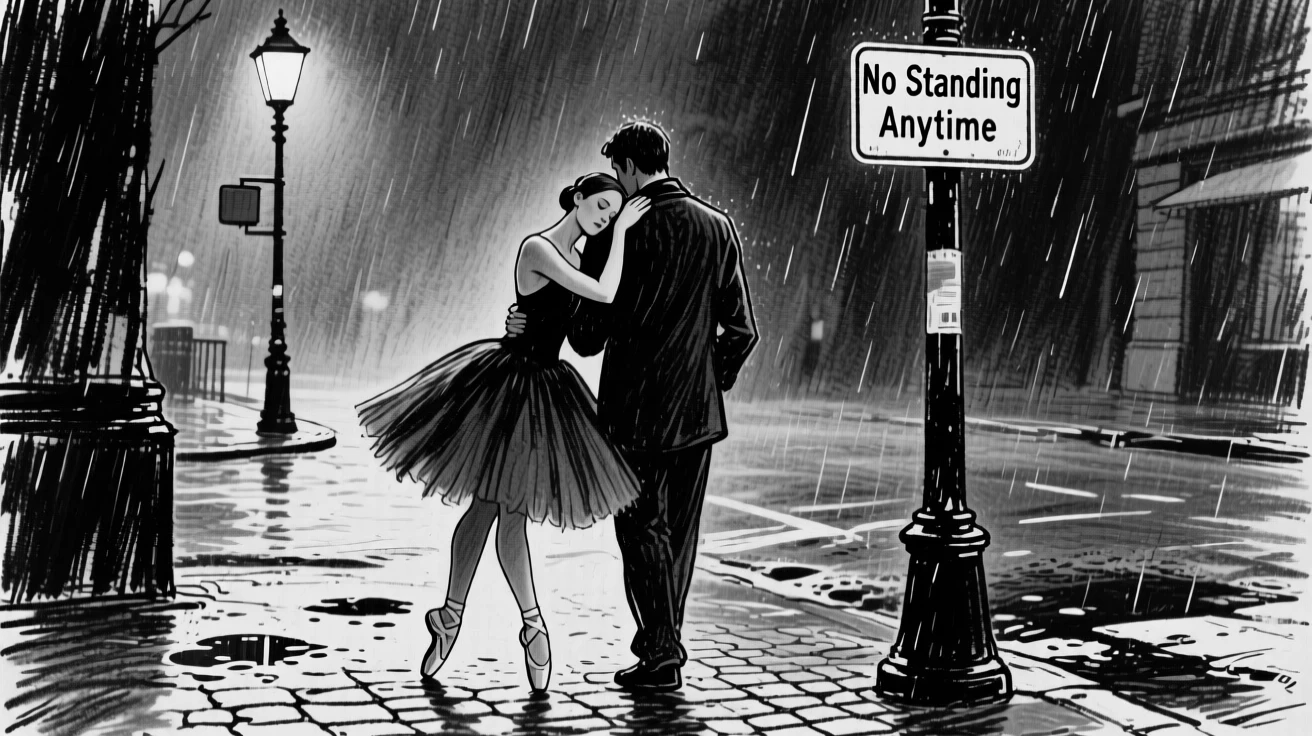 A ballet dancer resting their head on a partner's shoulder, on a rainy street corner.