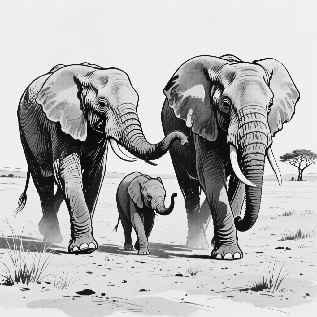 A family of elephants walking together across a dusty plain, trunks intertwined.