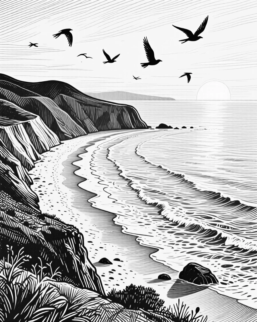 A curved coastline under the soft glow of early morning light, with birds circling lazily overhead, evoking a softly romantic atmosphere in a wide, balanced composition.
