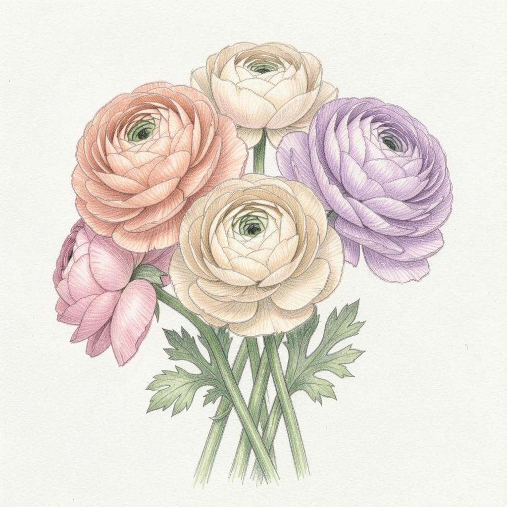 A bouquet of ranunculus in soft pastel tones, arranged with soft, natural asymmetry for an effortless look, perfect for a peaceful, feminine, and timeless aesthetic.