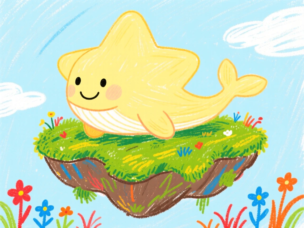 A star whale perched atop a floating moss covered island.