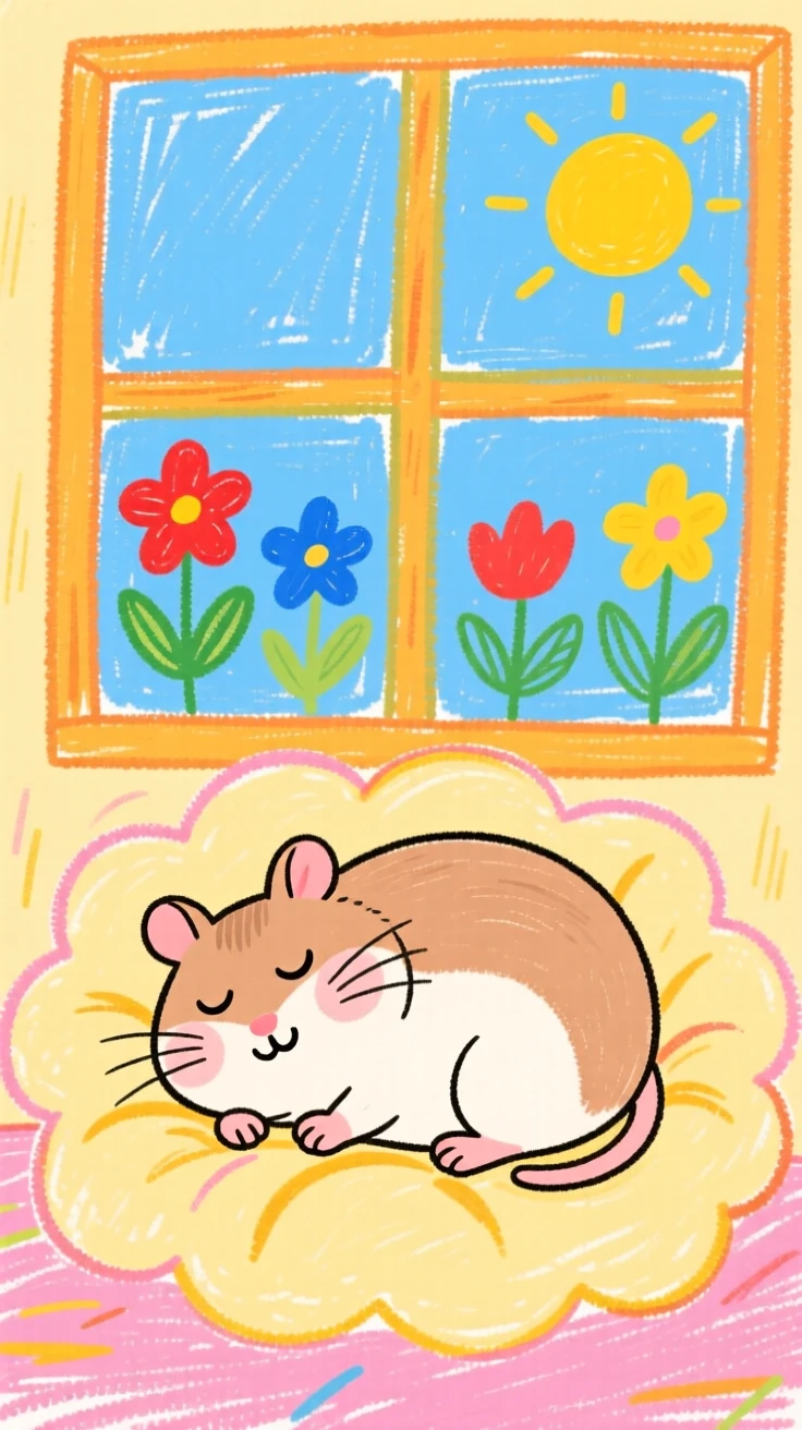 A chubby hamster curled up asleep on a soft cushion by the window.
