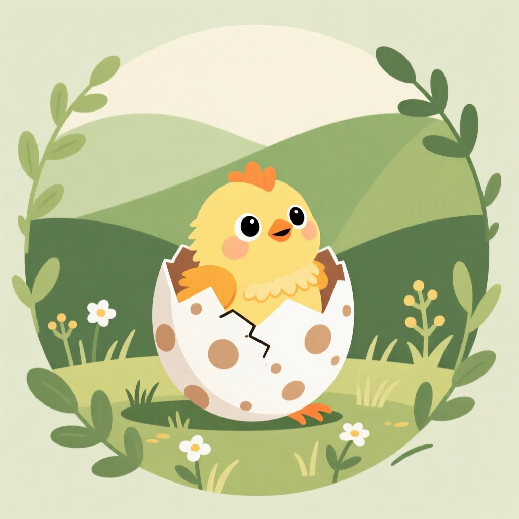 A tiny chick hatching from a speckled egg, set against a backdrop of rolling green hills, placed within a circular vignette of natural framing, with a sense of playful curiosity captured perfectly.