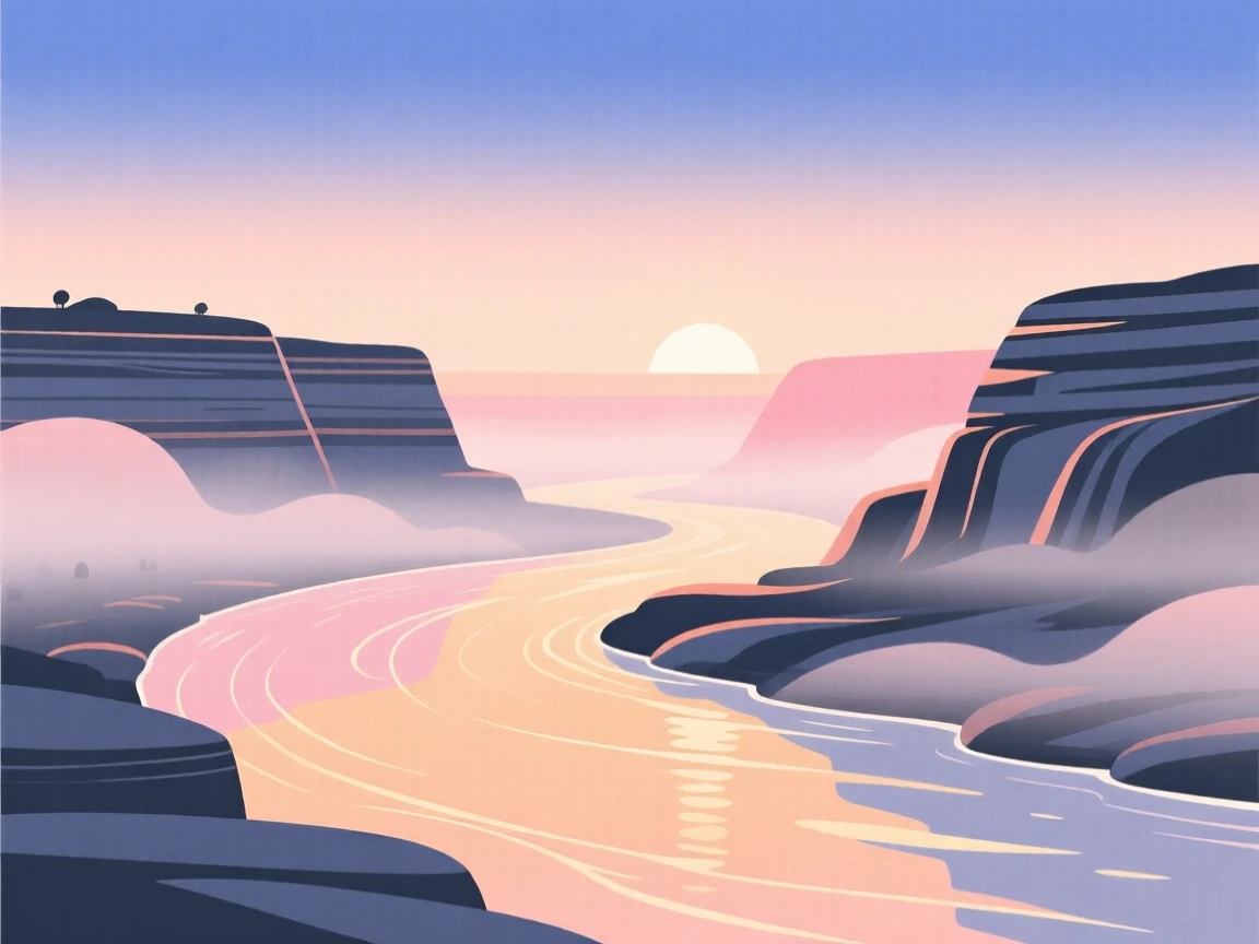 A misty river bend at sunrise with soft light filtering through the layered rock formations.