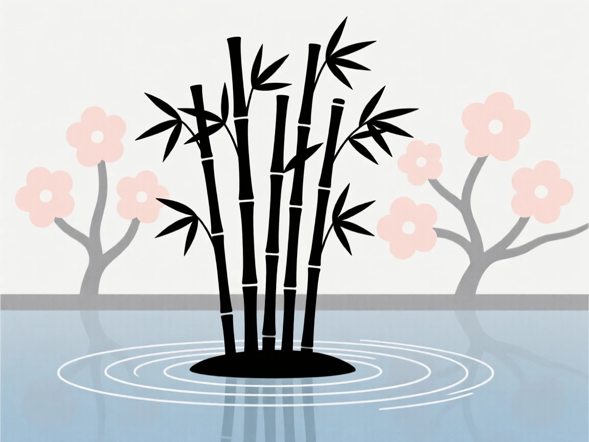 A bamboo grove, silhouetted alone against a blooming orchard, surrounded by ripples spreading across still water, full of serene isolation.