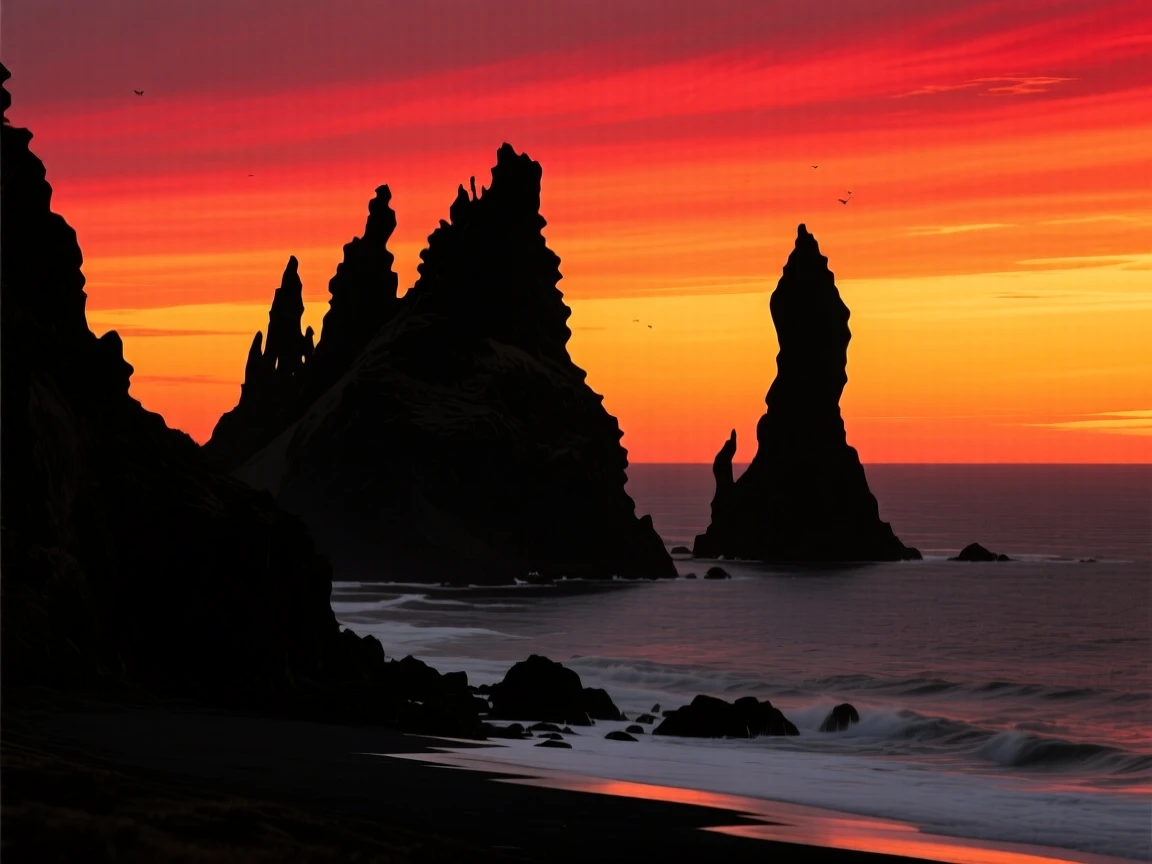 Jagged sea stacks rising from the ocean along a rugged coastline.