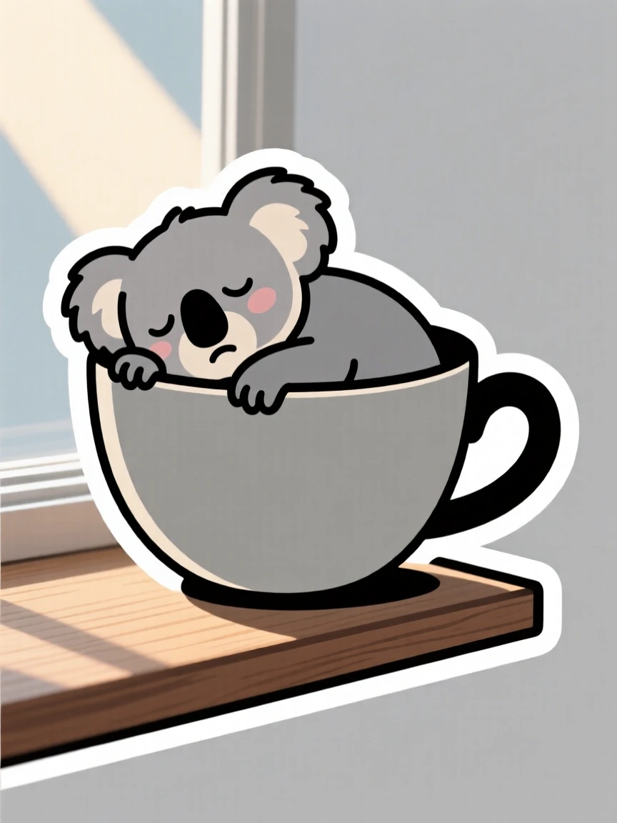 A wide-eyed sleepy koala napping inside a teacup, on a windowsill with morning sunlight streaming in.