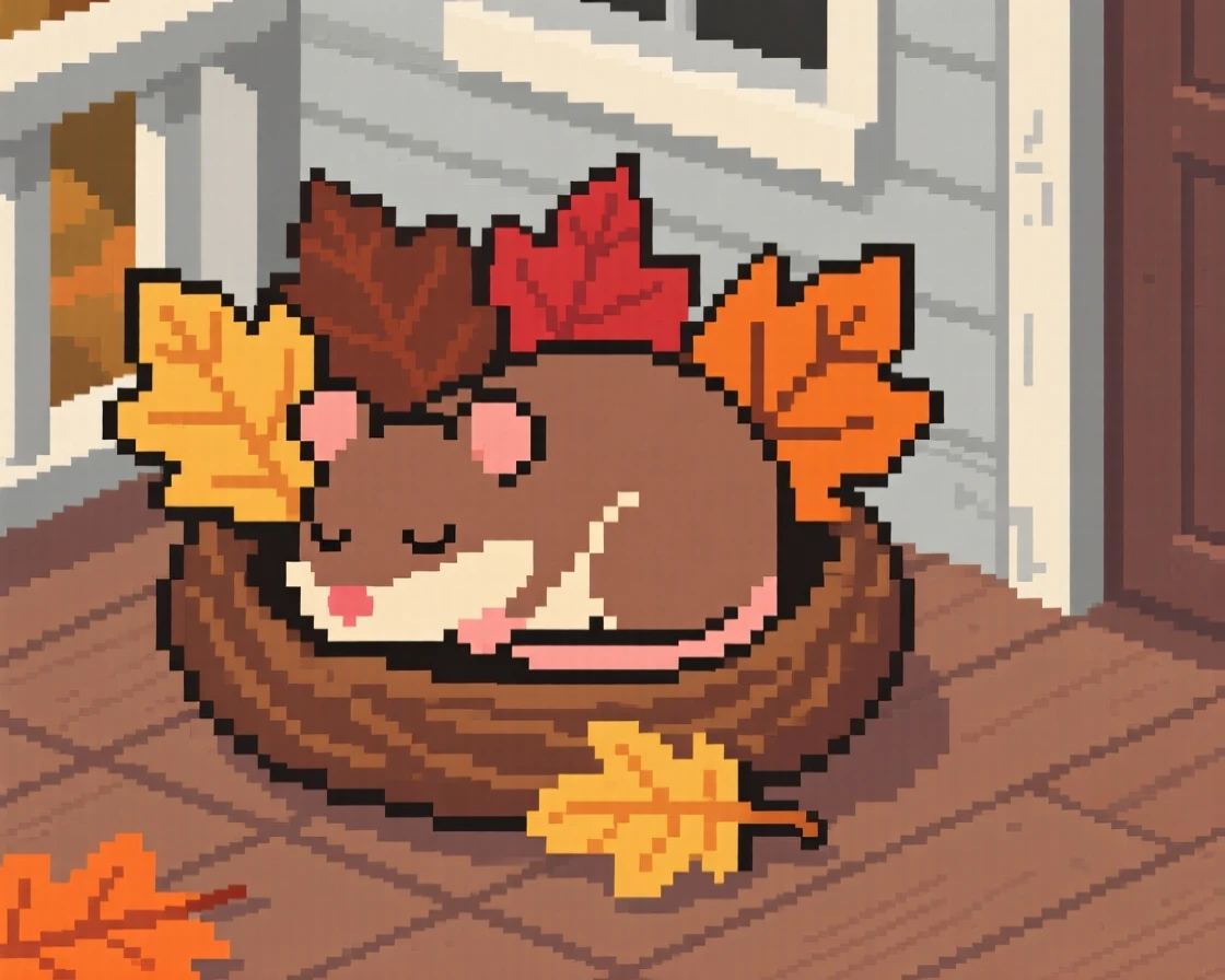 A sleepy dormouse asleep in a nest of autumn leaves, on the porch of a tiny cottage.