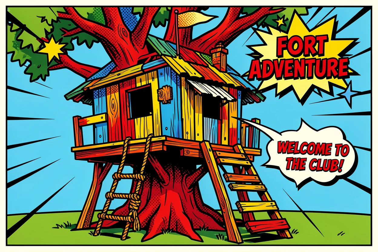 A treehouse fort built from scrap wood in a backyard