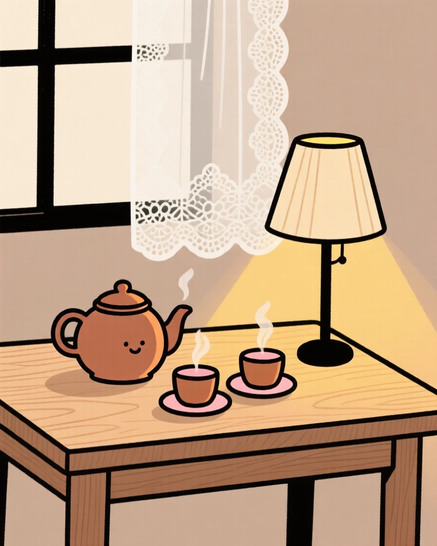 A wooden table holds a simple arrangement of a teapot and two cups, lit softly by the glow of a nearby lamp beside a lace curtain.