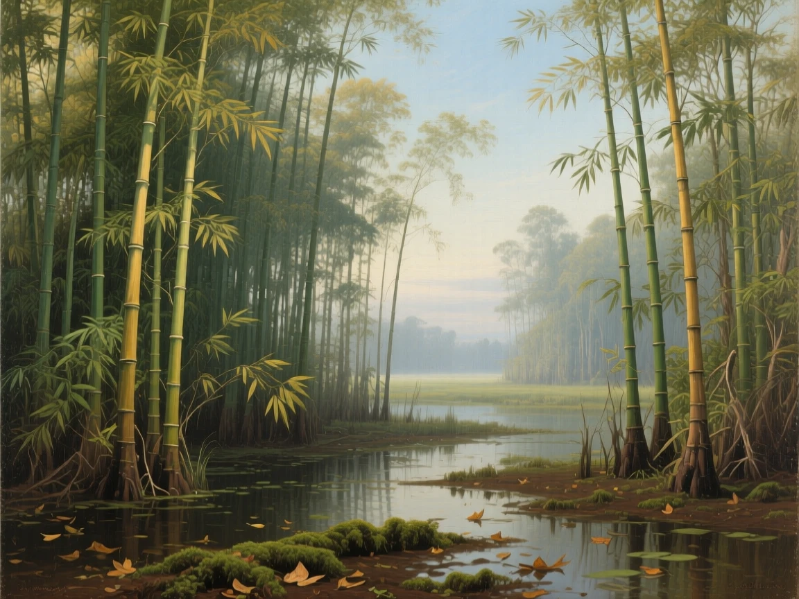 A grand panoramic scene of a bamboo forest with tall stalks swaying in a gentle breeze, in the early 19th century, in the Louisiana bayou.