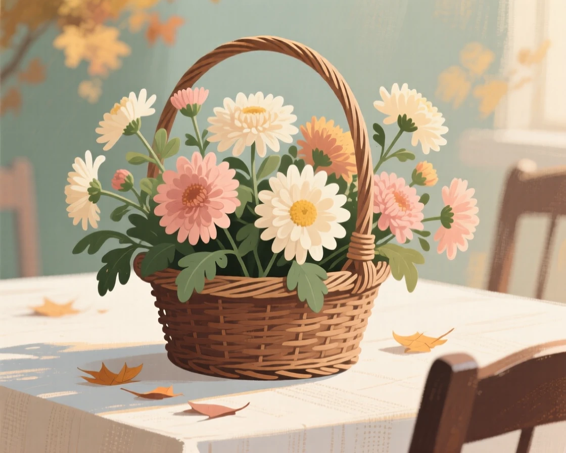 A basket of freshly cut chrysanthemums for an autumn table