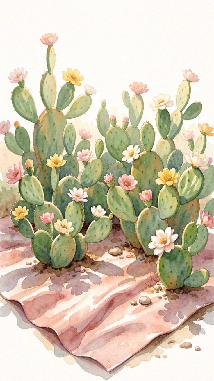 A cactus garden in bloom on a picnic blanket.