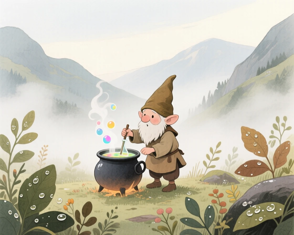 A tiny tiny gnome stirs a bubbling potion in a tiny cauldron in a misty mountain valley, while dew glistens on every leaf