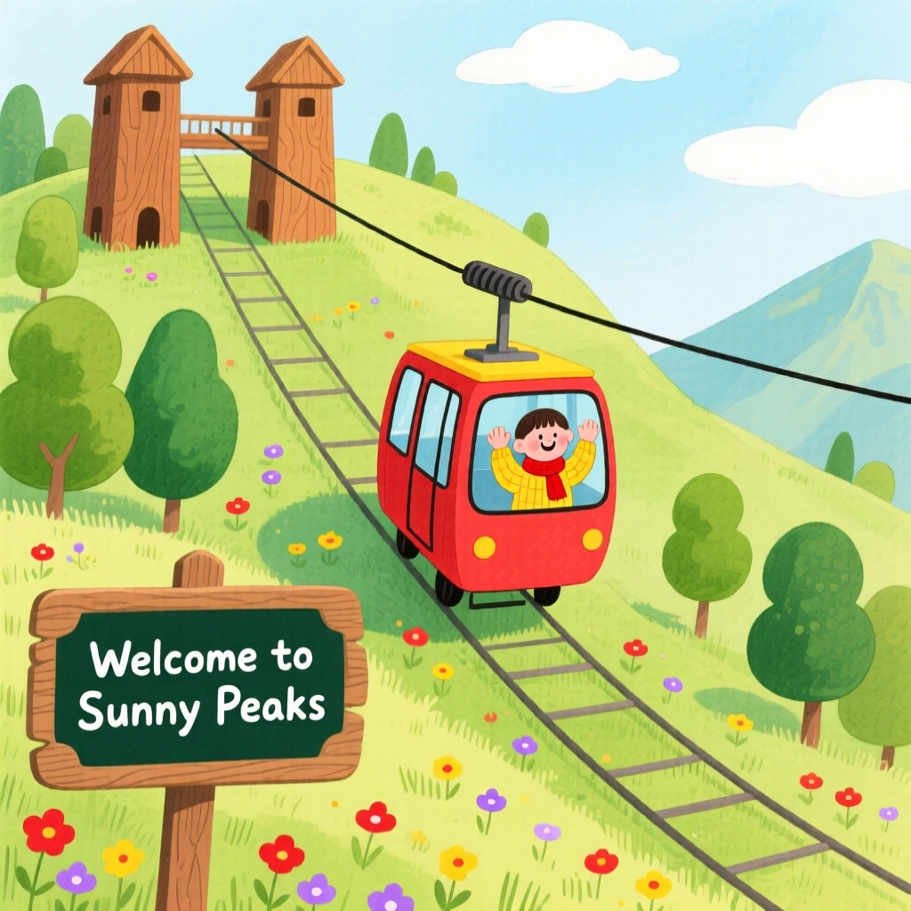 A charming scene of a cable car climbing a green mountainside.