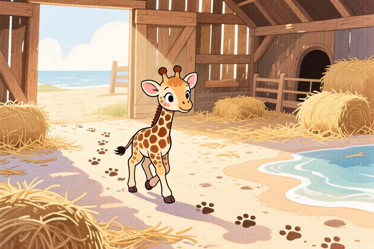 A baby giraffe following a trail of paw prints across a beach, set in a rustic barn filled with soft hay, capturing a fleeting moment of quiet contentment.
