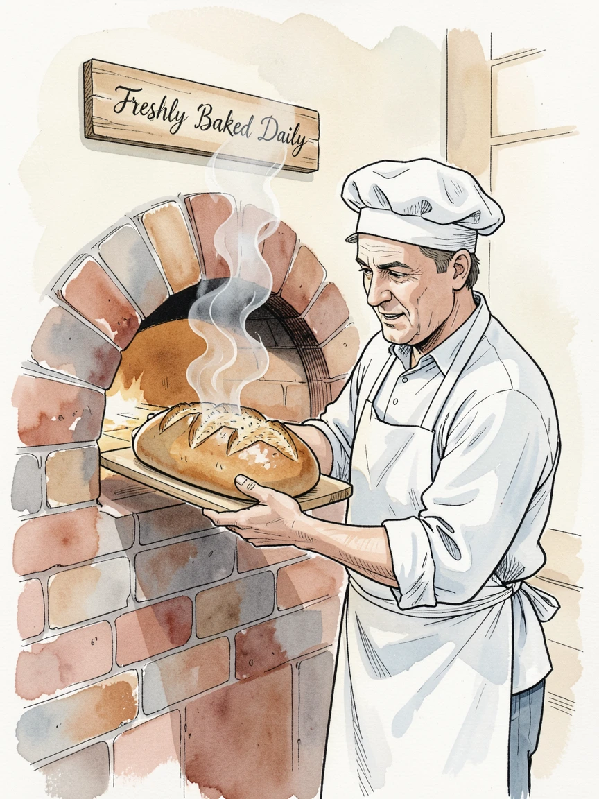 A baker pulling a fresh loaf of bread from a wood-fired oven, steam rising into the morning air