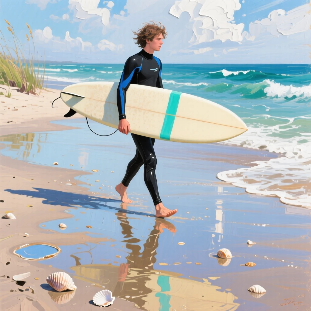 a surfer carrying a board across wet sand, on a breezy spring afternoon, from an inviting eye-level viewpoint.