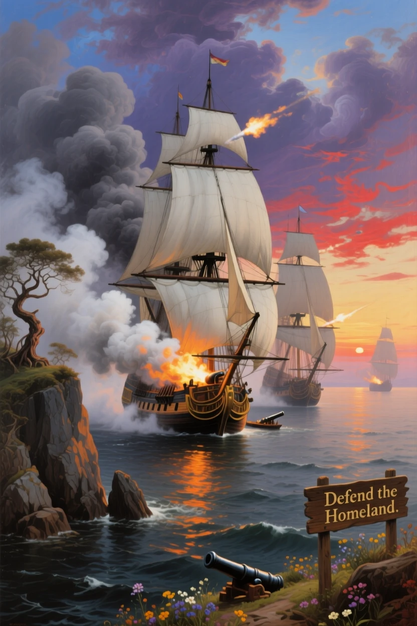 A fleet of warships fires cannons across a smoke-filled bay.