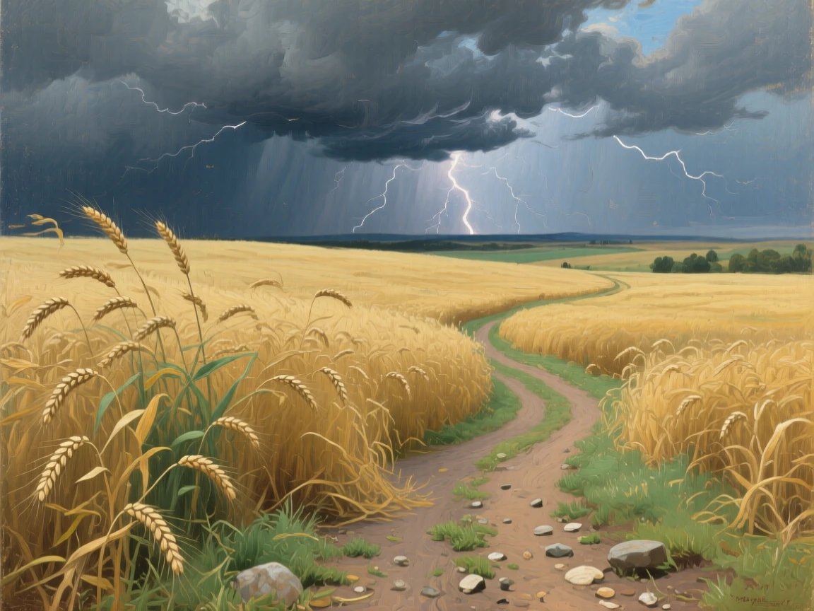 A wheat field swaying beneath an approaching summer thunderstorm, with a single winding trail leading toward the horizon, designed to feel like a window into another world