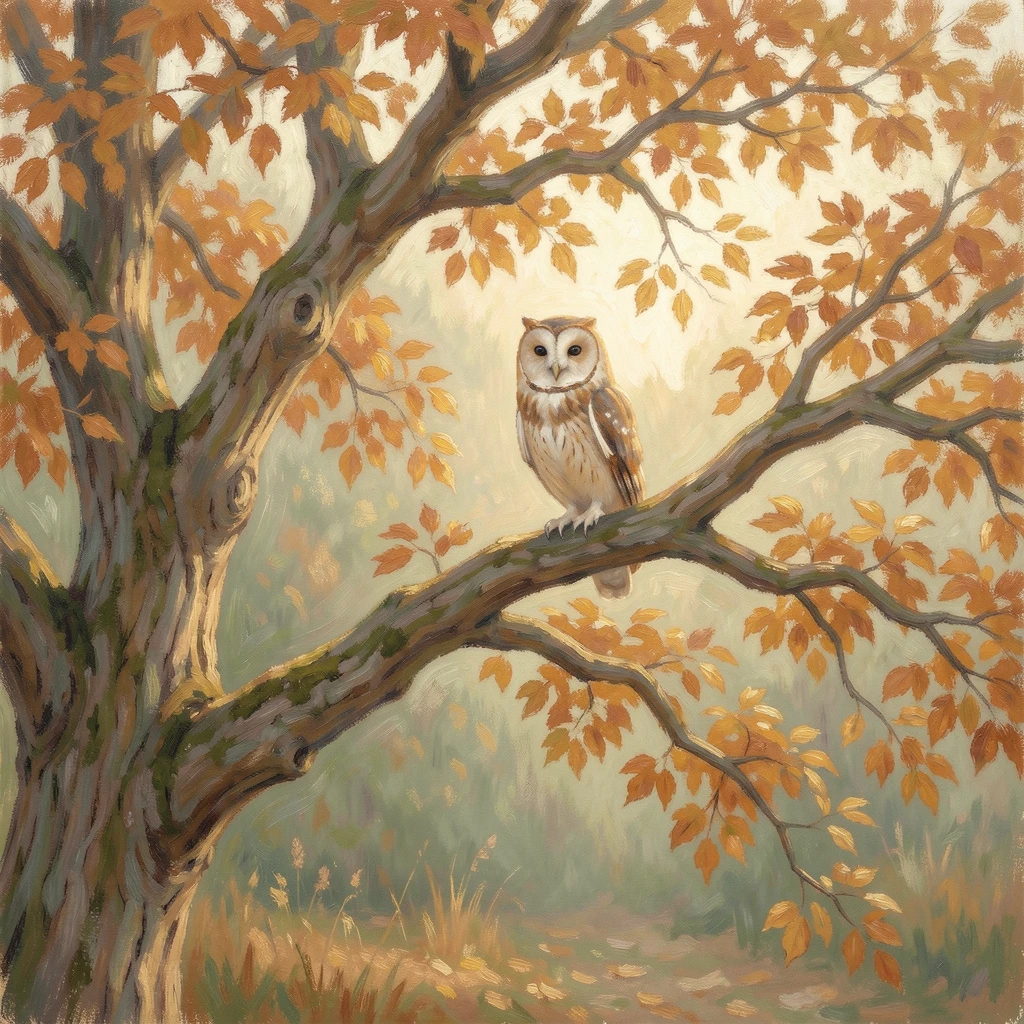 An owl perched silently on an ancient oak branch beneath a canopy of autumn leaves.