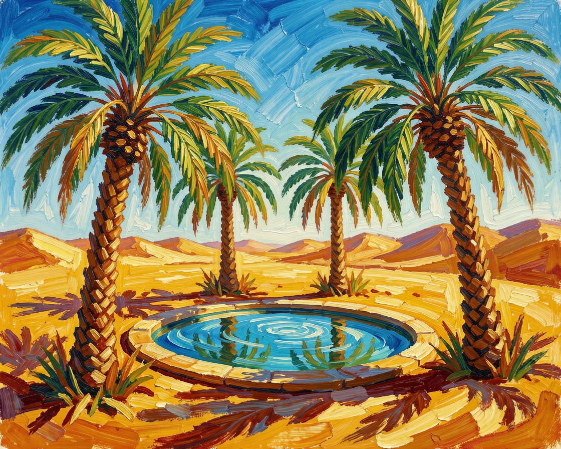 A desert oasis with palm trees surrounding a small pool of clear water.