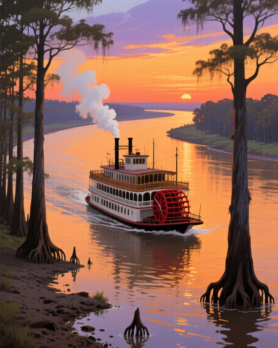 A wide Mississippi River bend glows amber at sunset, a paddlewheel steamboat drifting downstream, cypress trees lining the muddy banks in silhouette, the changing light gradually shifting the mood of the landscape from moment to moment.
