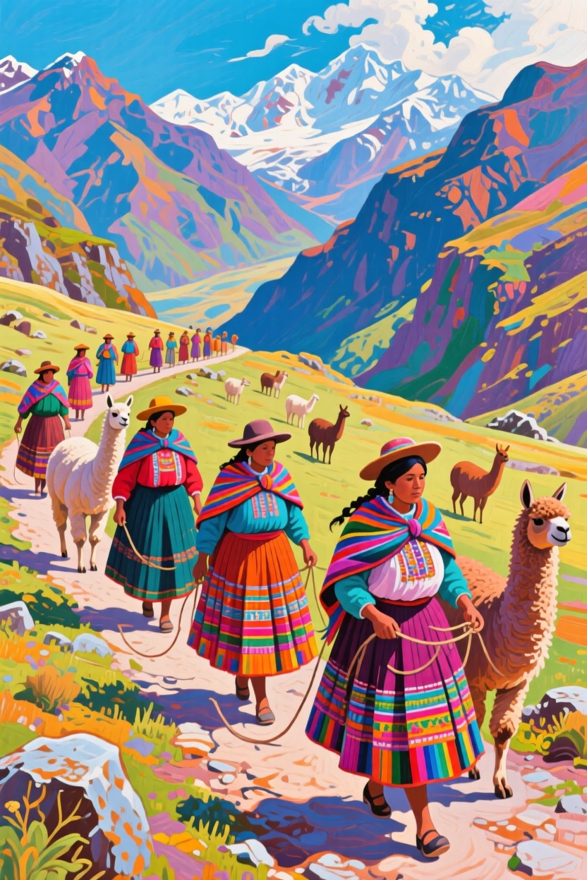 A group of Andean women in bright woven skirts herding llamas across a high mountain pass
