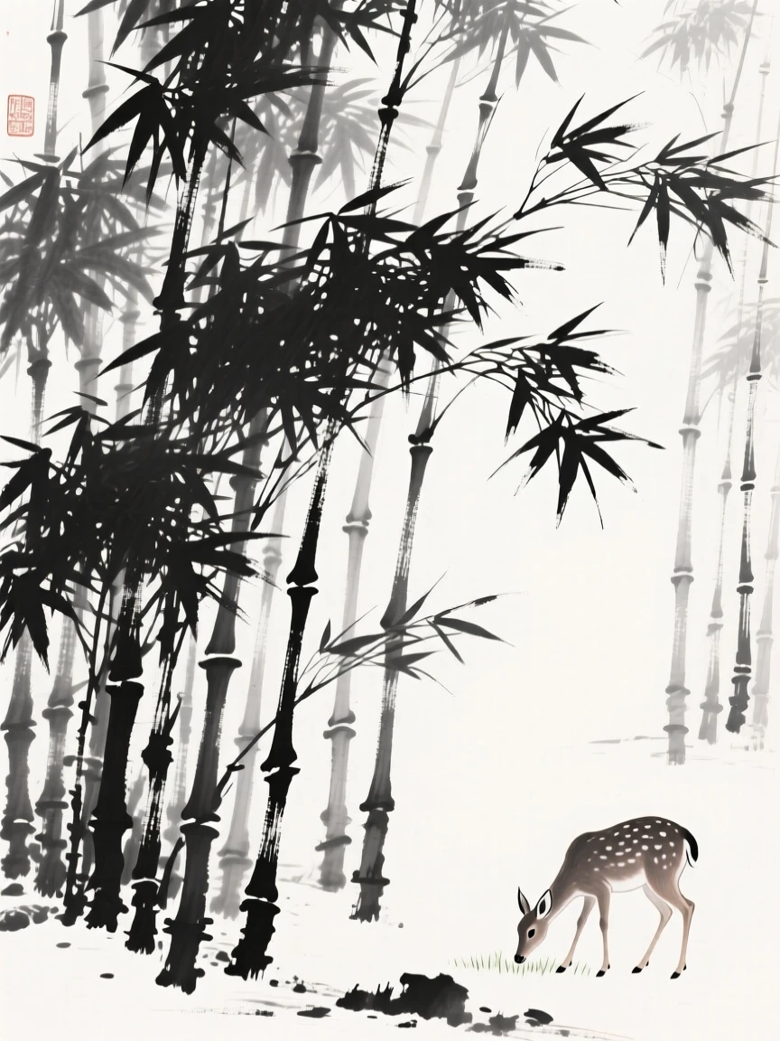 a dense bamboo grove swaying in the wind, with a deer grazing quietly at the forest edge.