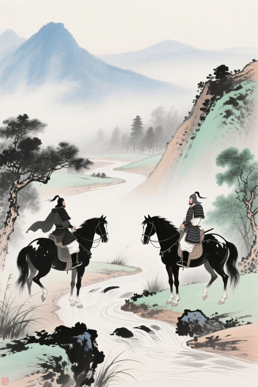 Warriors on horseback pausing to rest beside a mountain stream, through a light drifting mist, evoking a sense of quiet solitude.