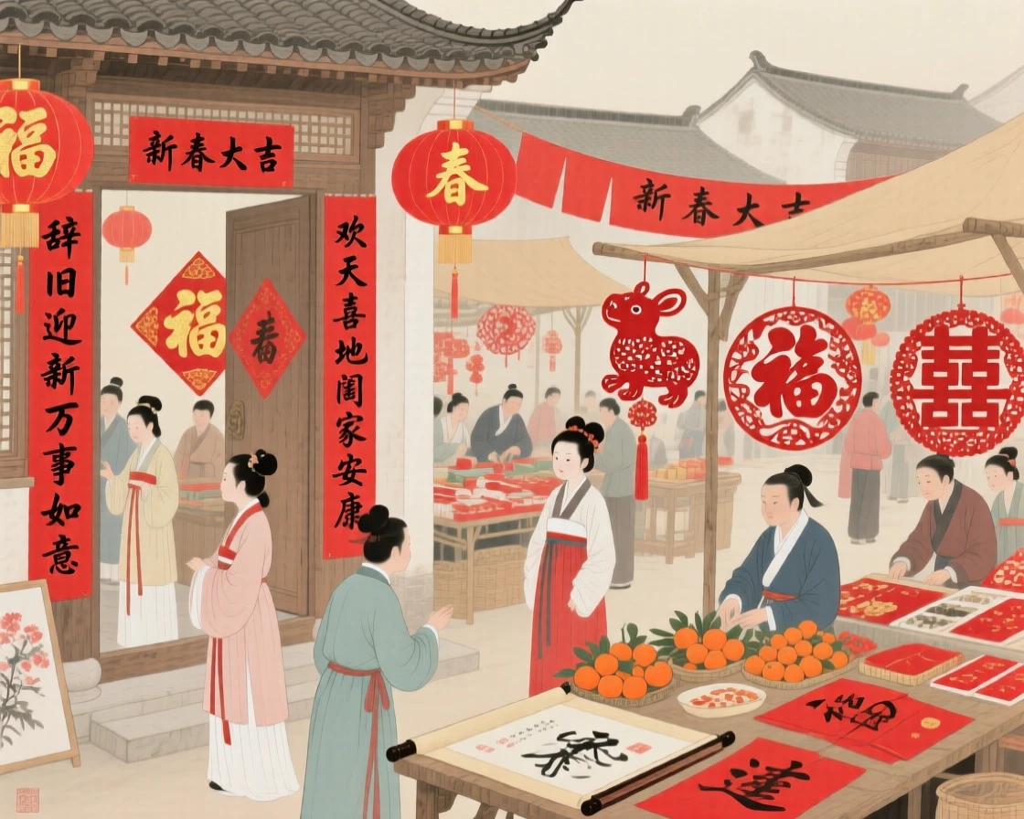 A New Year's market filled with red banners and paper decorations