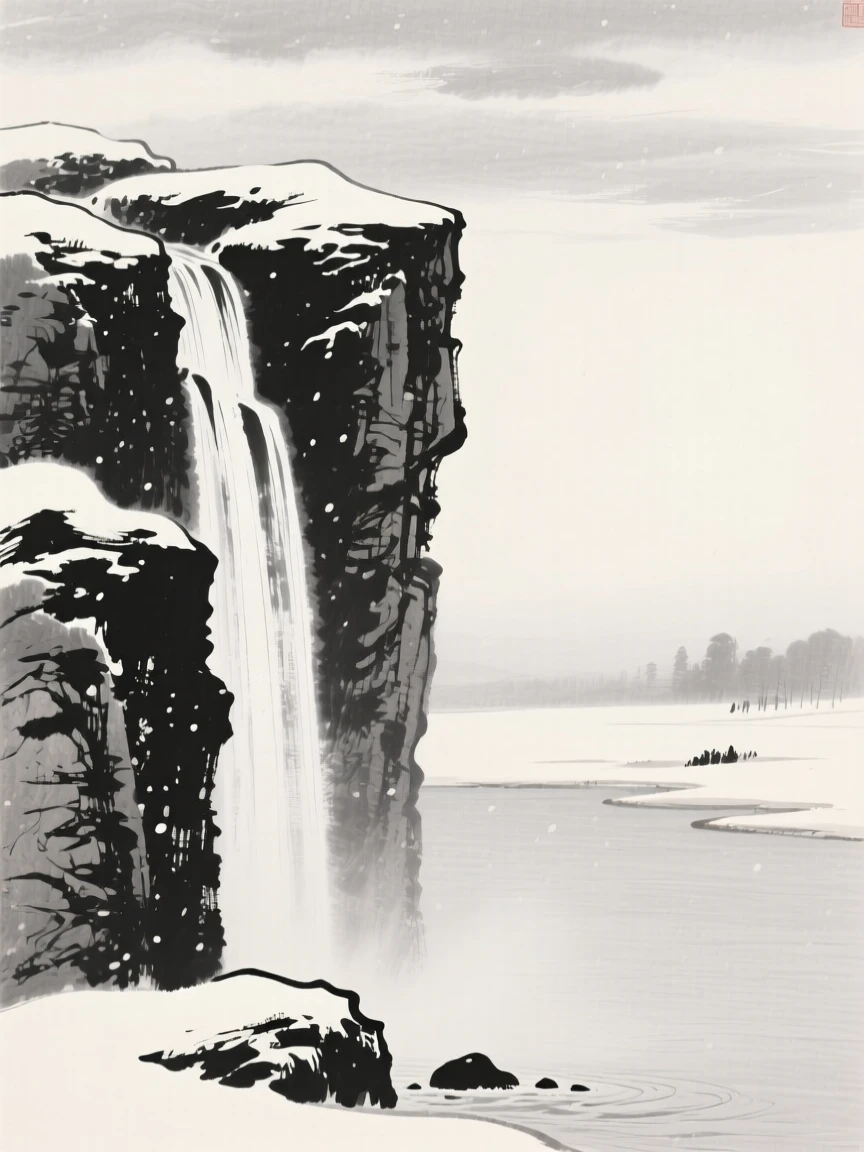 A tall waterfall cascading down layered granite rock under a pale winter sky heavy with unfallen snow, seen from across the water, the far shore reduced to soft silhouette, conveying calm reflection and gentle isolation.