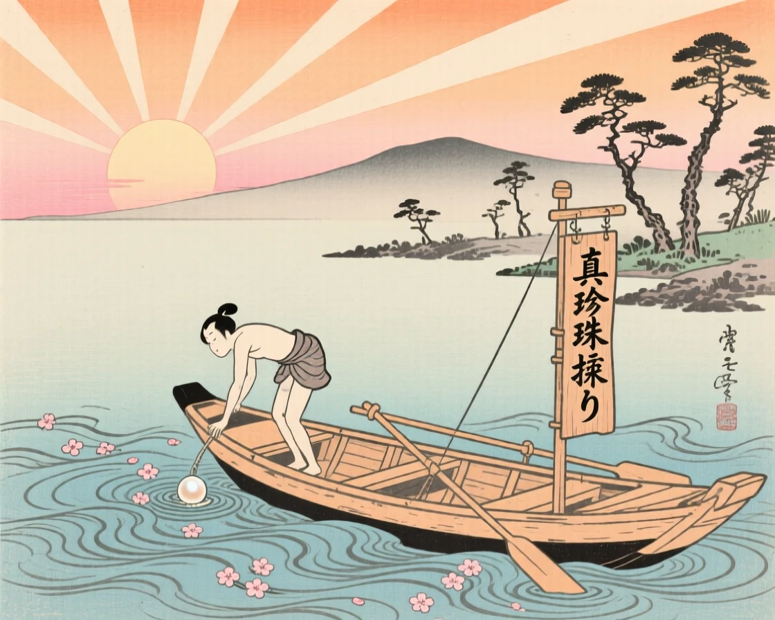 A pearl diver's boat under a brilliant sunrise, at sunrise.