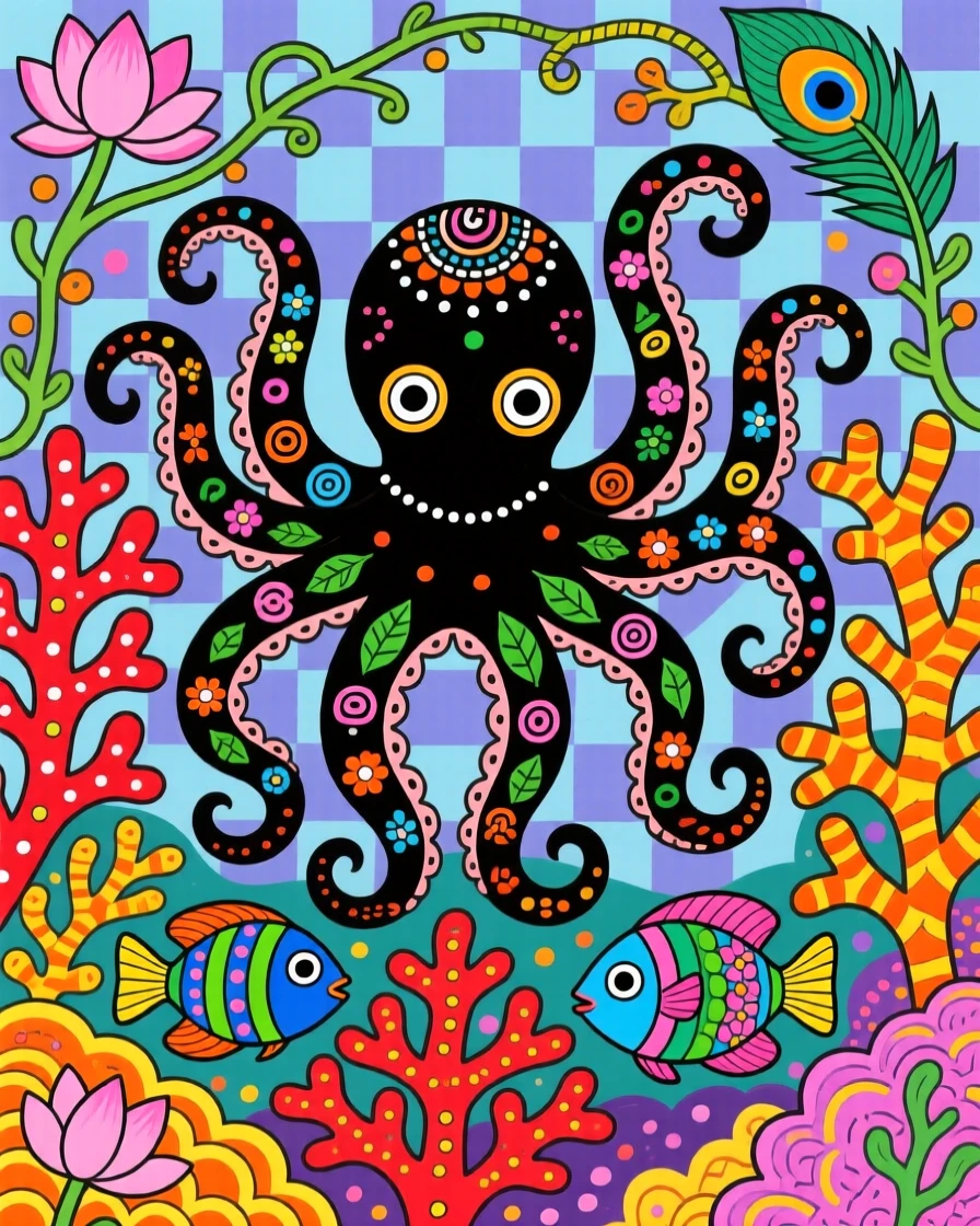 An octopus exploring a coral garden bright with reef fish.