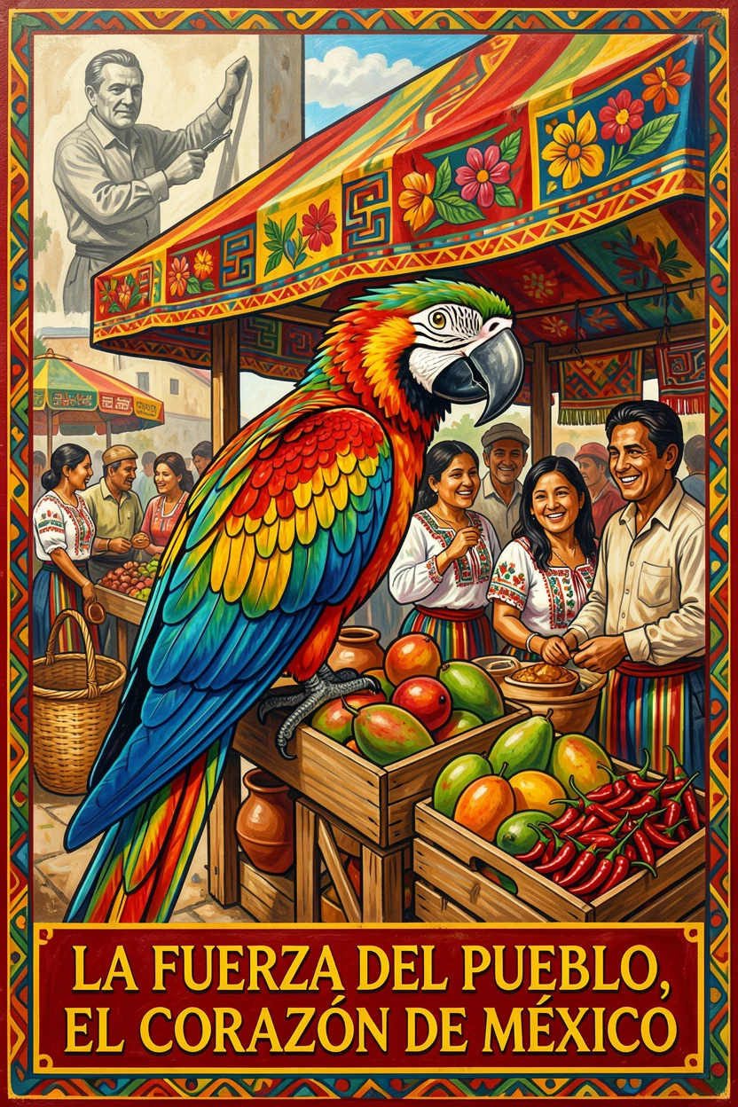 A parrot perched on a colorful market stall