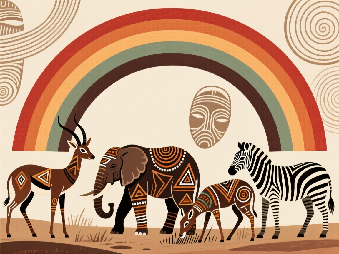 A gentle rainbow over a herd of grazing animals.