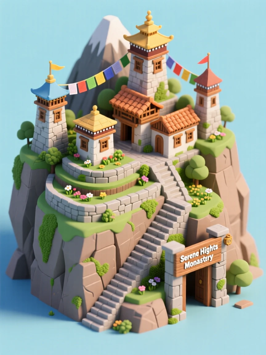 A mountaintop monastery city with terraced gardens, prayer flags strung between towers, and a single winding staircase carved into the cliffside leading up.