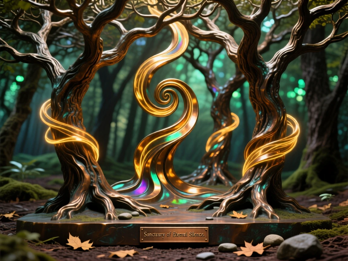 A hidden grove where time seems to stand still, with swirling energy and radiant color, transporting the viewer to another world