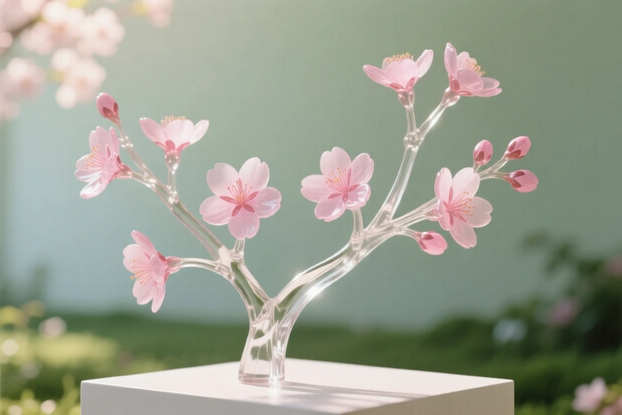 Cherry blossom branches in a lush garden setting with soft green foliage behind, gentle afternoon light, feeling romantic and inviting.