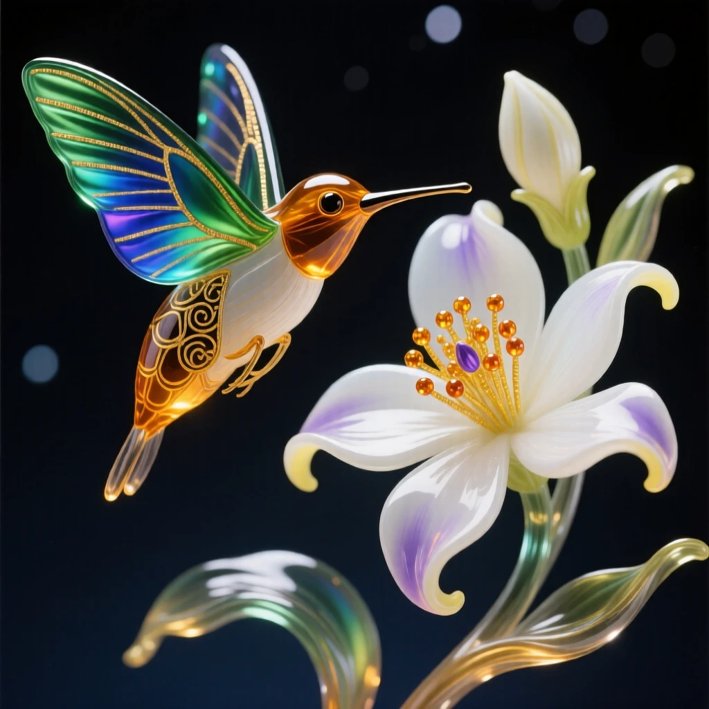 A hummingbird moth hovering beside a night-blooming jasmine flower, delicate and mysterious.