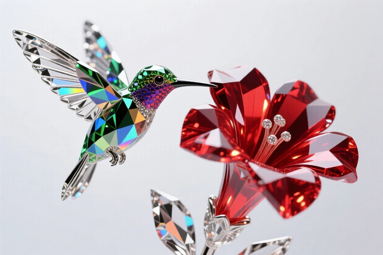 A hummingbird frozen mid-hover beside a vivid red trumpet flower, wings a blur of motion.