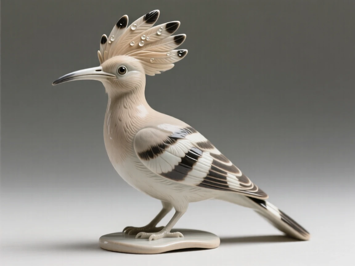 A hoopoe with its crest fully raised standing proudly with plumage on full display, glistening with a light morning dew, radiating delicate, fleeting beauty.