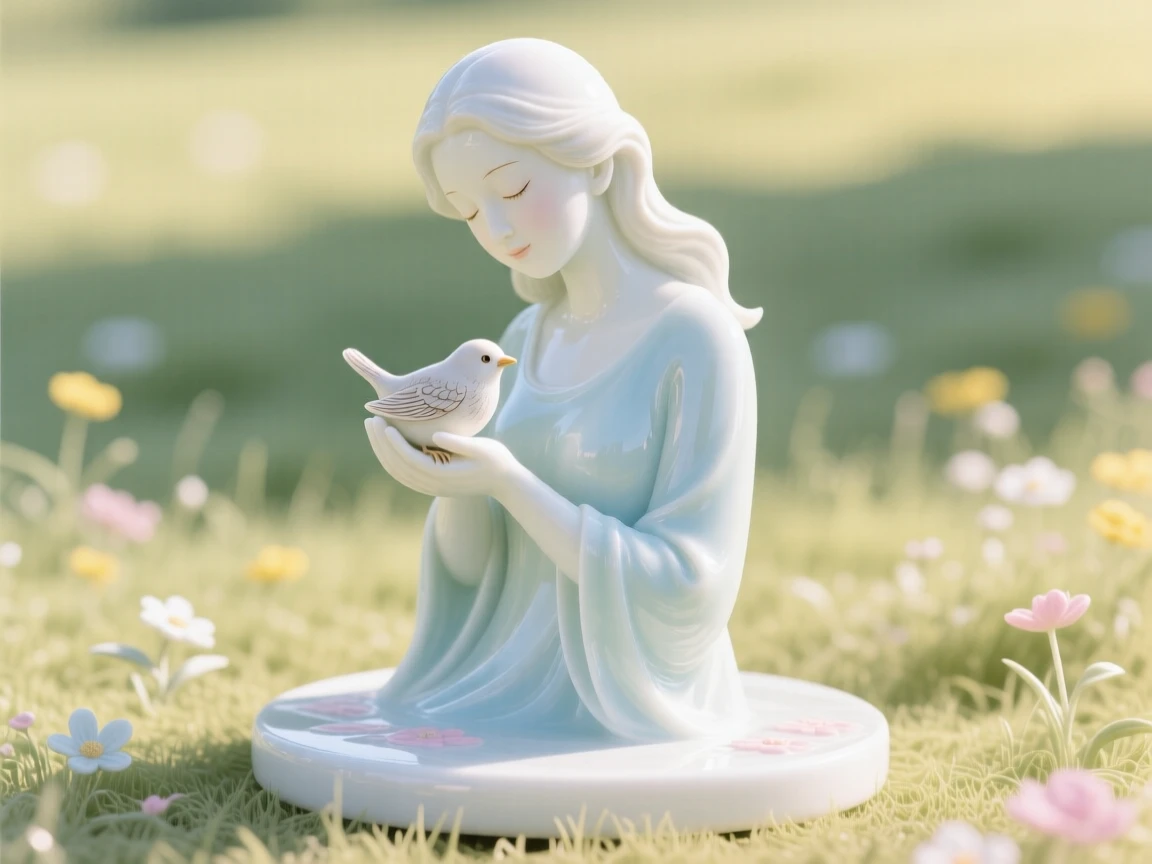 A luminous artist cradling a small bird in cupped hands in a sunlit meadow, her eyes closed in peaceful reflection.